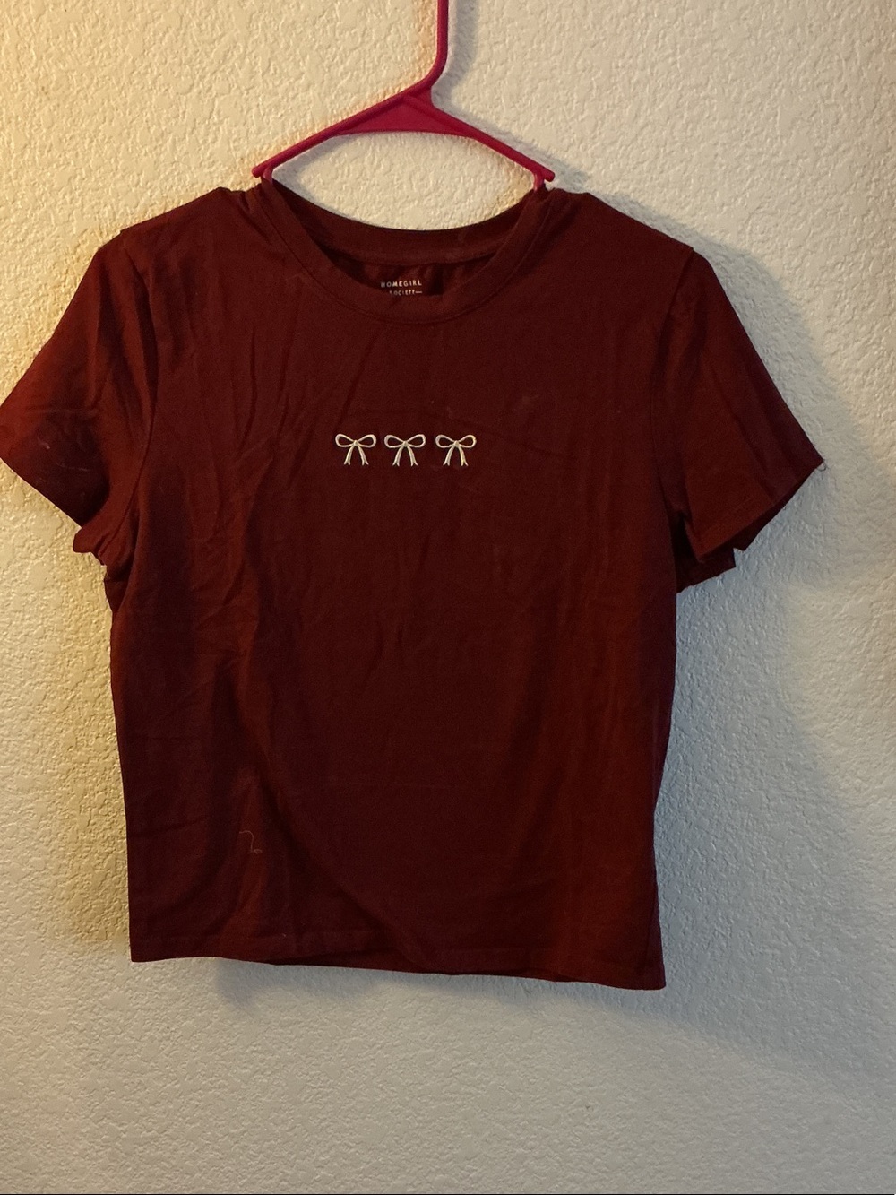 Women’s Crewneck Short Sleeve Tee with Three Bow Embroidery — Maroon